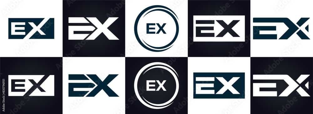 EX logo. E X design. White EX letter. EX, E X letter logo design. E X letter logo design in FIVE, FOUR, THREE, style. letter logo set in one artboard. E X letter logo vector design.