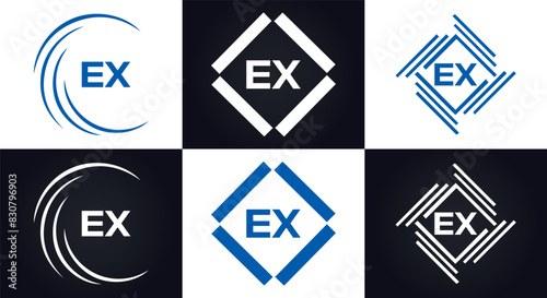 EX logo. E X design. White EX letter. EX, E X letter logo design. E X letter logo design in FIVE, FOUR, THREE, style. letter logo set in one artboard. E X letter logo vector design.
