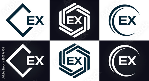EX logo. E X design. White EX letter. EX, E X letter logo design. E X letter logo design in FIVE, FOUR, THREE, style. letter logo set in one artboard. E X letter logo vector design.