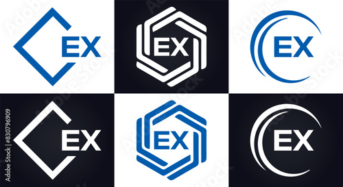 EX logo. E X design. White EX letter. EX, E X letter logo design. E X letter logo design in FIVE, FOUR, THREE, style. letter logo set in one artboard. E X letter logo vector design.