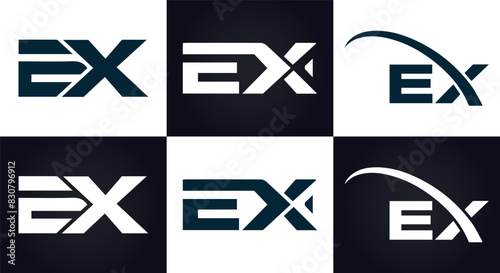EX logo. E X design. White EX letter. EX, E X letter logo design. E X letter logo design in FIVE, FOUR, THREE, style. letter logo set in one artboard. E X letter logo vector design.
