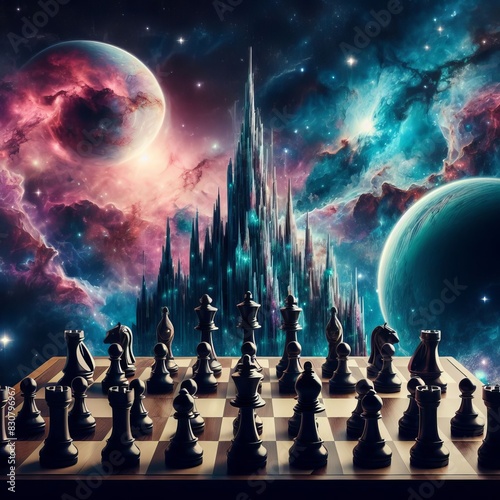 Wallpaper Mural An imaginative scene of a chess game set against a cosmic landscape with planets and nebulae in the background.. AI Generation Torontodigital.ca