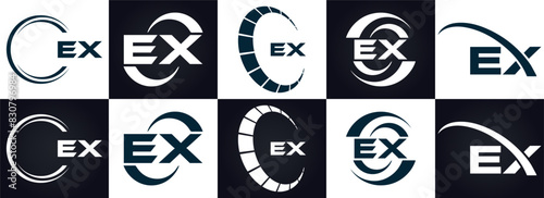 EX logo. E X design. White EX letter. EX, E X letter logo design. E X letter logo design in FIVE, FOUR, THREE, style. letter logo set in one artboard. E X letter logo vector design.