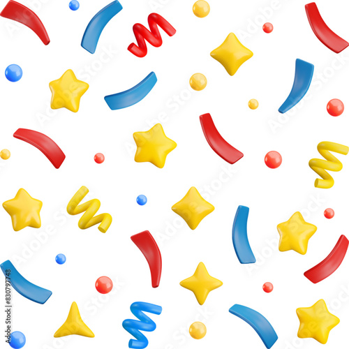 Vector 3d flying party confetti square background. Colorful Realistic 3d poppers with star, bubbles, sparkles, serpentine spirals and ribbon on white. Festive cartoon 3d render firecracker elements.