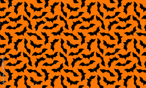 Halloween Bat flat pattern horizontal background. Vector Happy Halloween print with flying black bat silhouette on orange background. For wrapping, fabric, holiday decoration, textile, wallpapers.