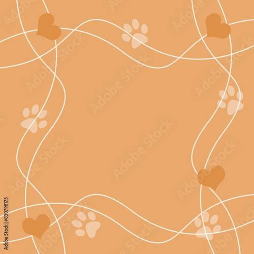 Waving lines frame with hearts and paws on light brown background. Suitable for pet lover background