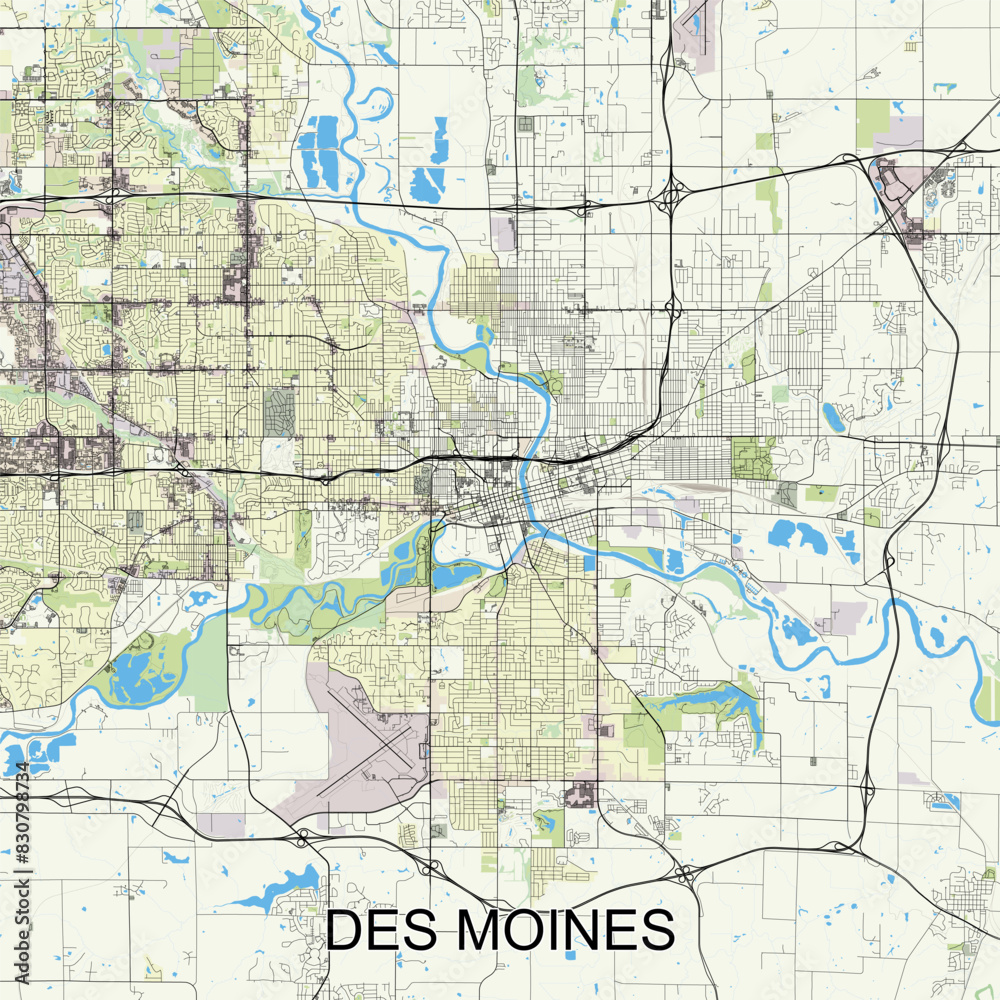 Des Moines, Iowa, United States map poster art