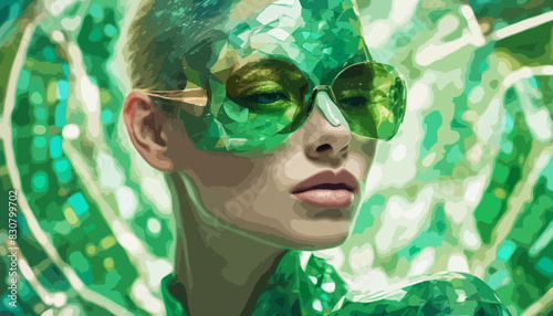 Portrait, weiblich, hübsch, modisch mit Brille in grün. Vektor - Grafik
