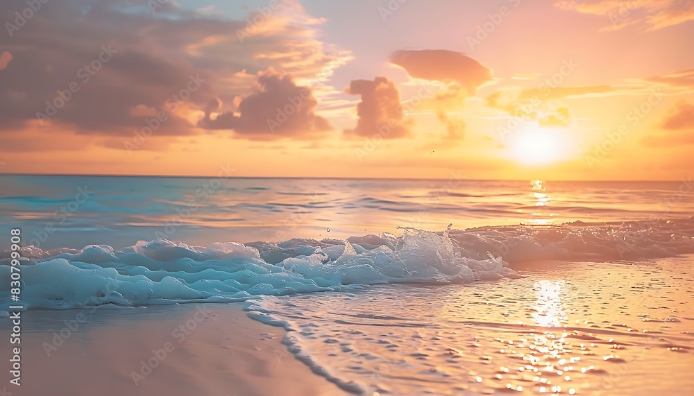 Fototapeta premium Closeup sea sand beach. Panoramic beach landscape. Inspire tropical beach seascape horizon. Orange and golden sunset sky calmness tranquil relaxing sunlight summer mood. Vacation travel holiday banner