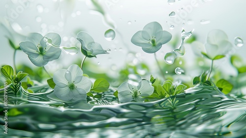Minimalistic water with floating flowers and plants on white background, clean design for prints