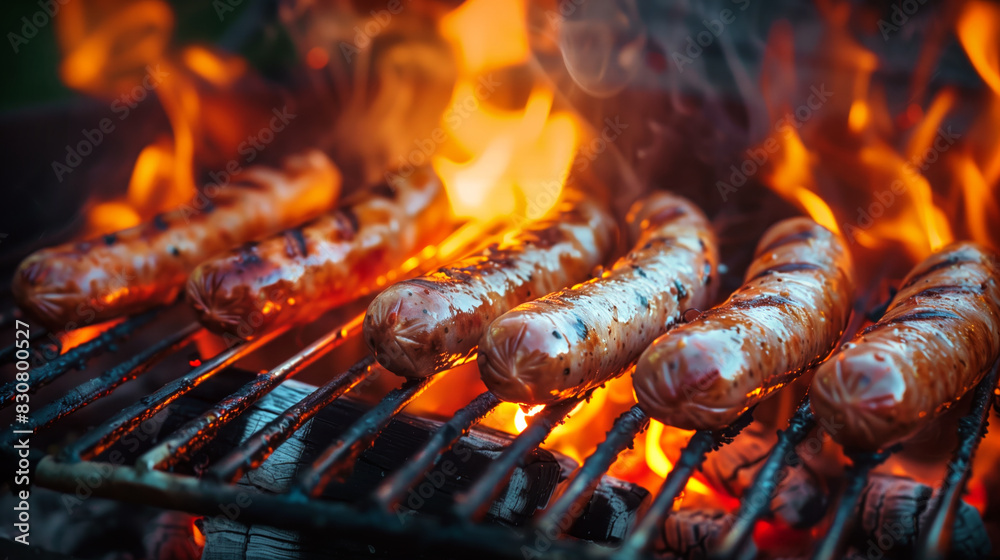 Grilled juicy sausages, brarwurst sizzling on a grill with fire Grilled juicy sausages, brarwurst sizzling on a grill with fire