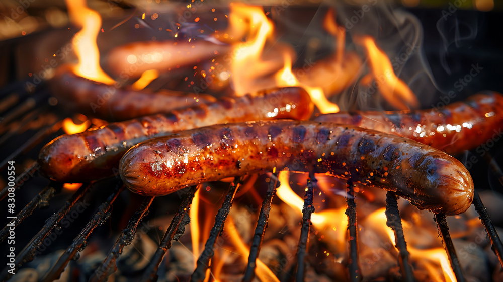 Grilled juicy sausages, brarwurst sizzling on a grill with fire Grilled juicy sausages, brarwurst sizzling on a grill with fire
