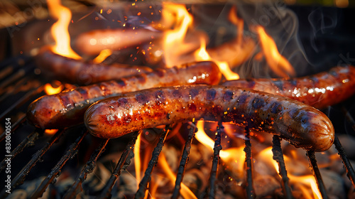 Grilled juicy sausages, brarwurst sizzling on a grill with fire