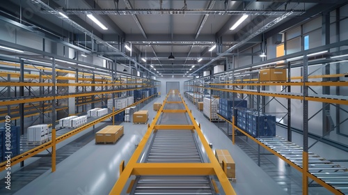 Large warehouse with many shelves and boxes neatly arranged for global distribution and delivery network concept