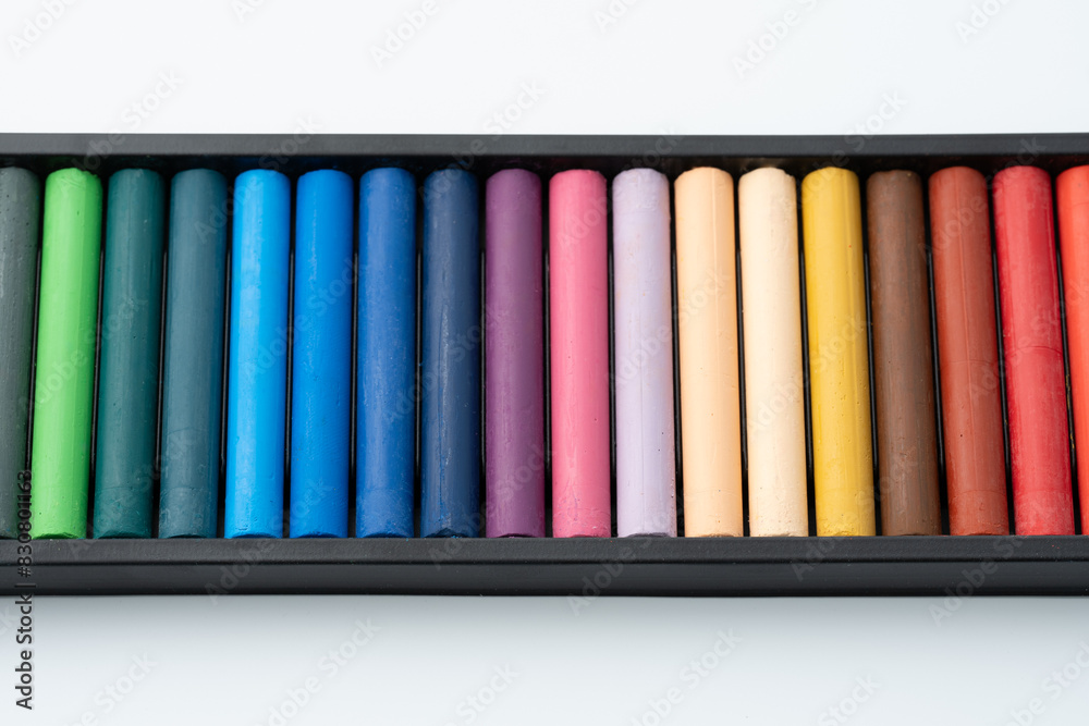 Set of colorful oil pastels on white background.Oil pastels color in box isolated on white background. Crayons	
