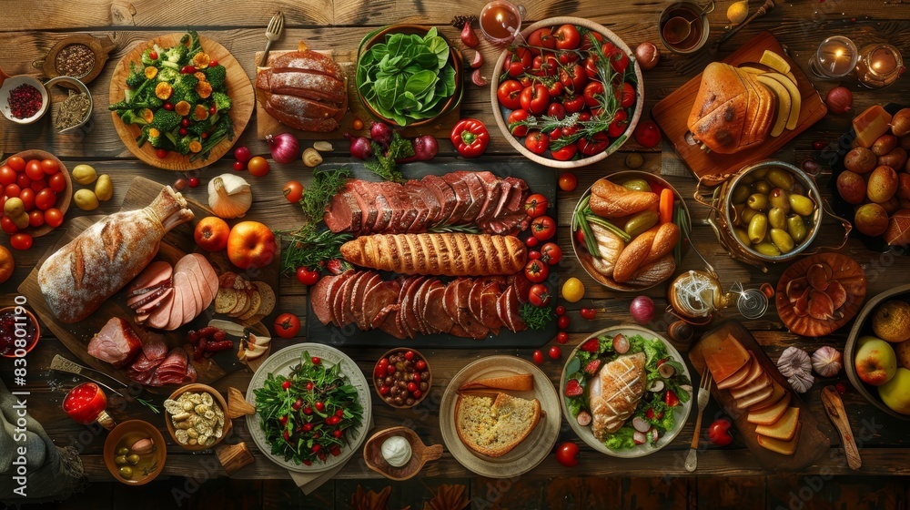 Capture the essence of a sumptuous feast with a dynamic tilted angle view of a gourmet meal spread out on a rustic wooden table Capture the essence of a sumptuous feast with a dynamic tilted angle view of a gourmet meal spread out on a rustic wooden table