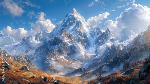 Capture the grandeur of towering, snow-capped peaks in a photorealistic digital artwork Emphasize depth and scale with intricate details, shadows, and textures photo