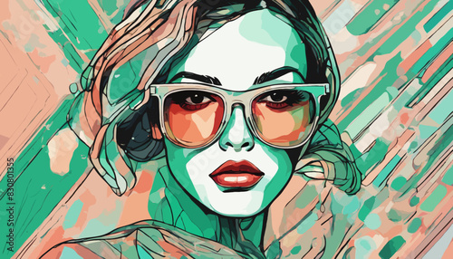 Portrait, weiblich, hübsch, modisch mit Brille in grün. Vektor - Grafik