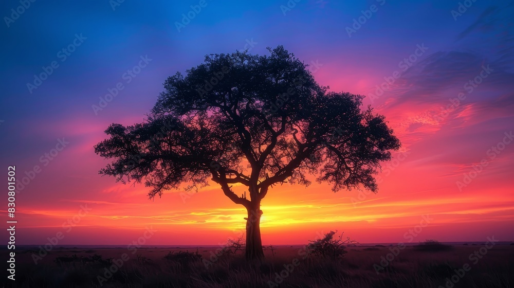 Capture the majestic silhouette of a lone tree against a vibrant sunset sky The branches should form intriguing patterns against the fading light