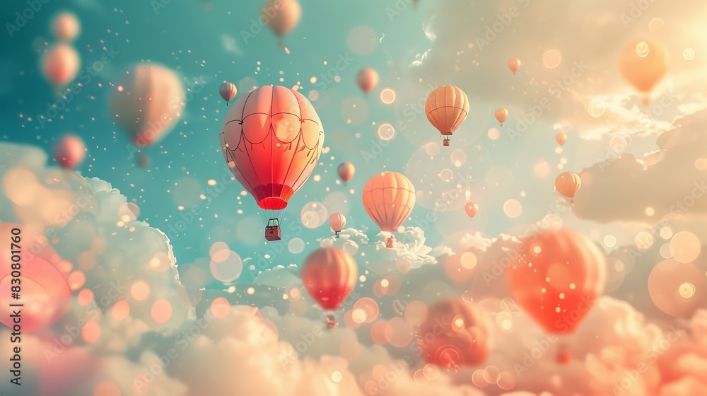 Craft a digital artwork featuring a cluster of hot air balloons seen from above Craft a digital artwork featuring a cluster of hot air balloons seen from above