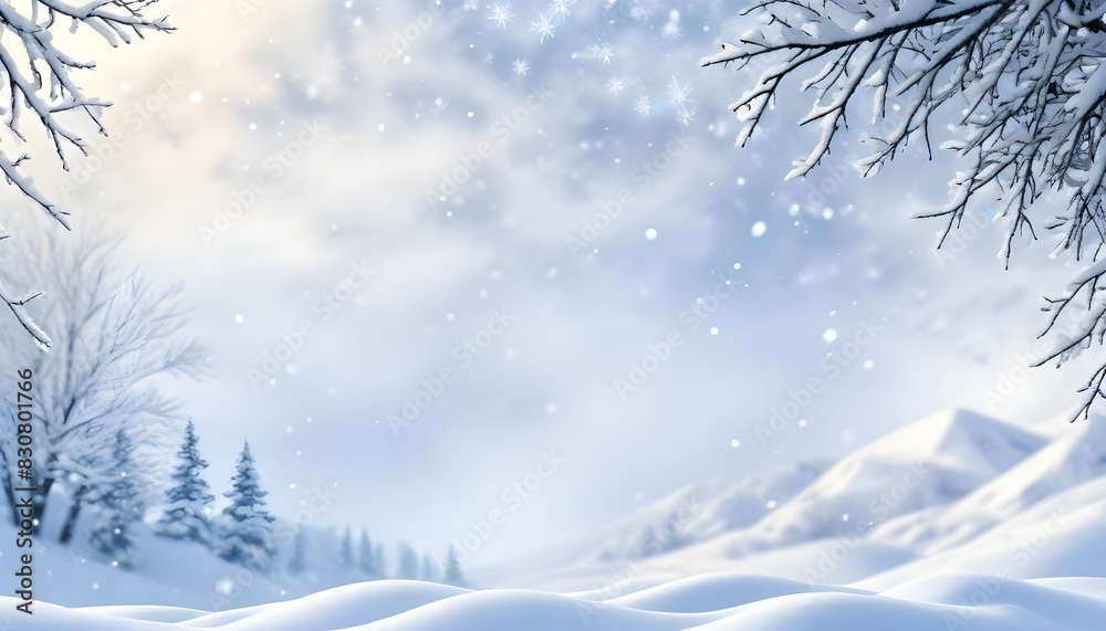 Christmas background. Snow and Christmas decorations. Snow flakes. bell. 