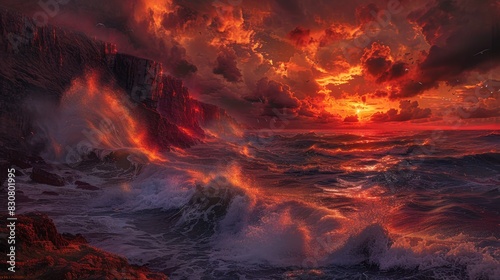 Craft a dramatic, panoramic view of a fiery sunset over a tumultuous ocean Show towering waves crashing against jutting cliffs, shrouded in a crimson glow of anger and passion photo
