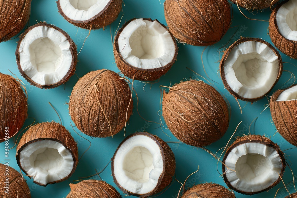 A close up of a bunch of coconuts with the insides showing A close up of a bunch of coconuts with the insides showing