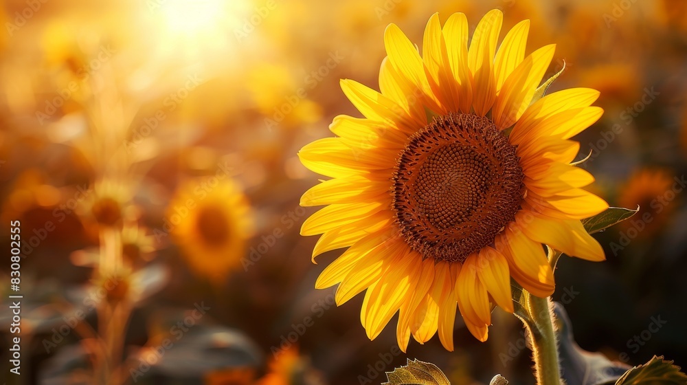 Fototapeta premium Focus on a blooming sunflower at golden hour