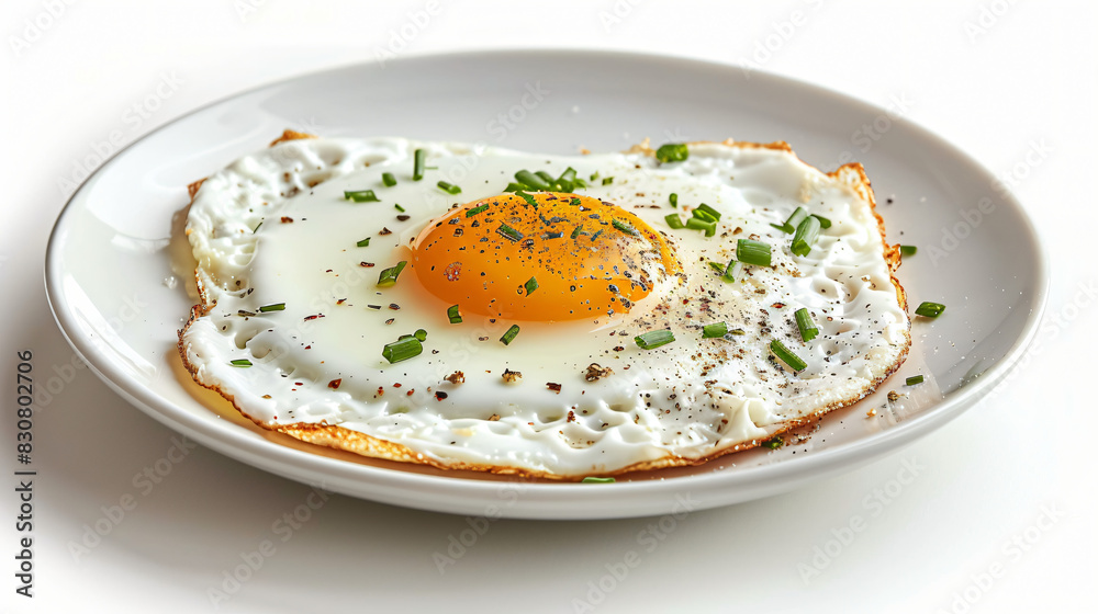 Plate with tasty fried egg isolated on white