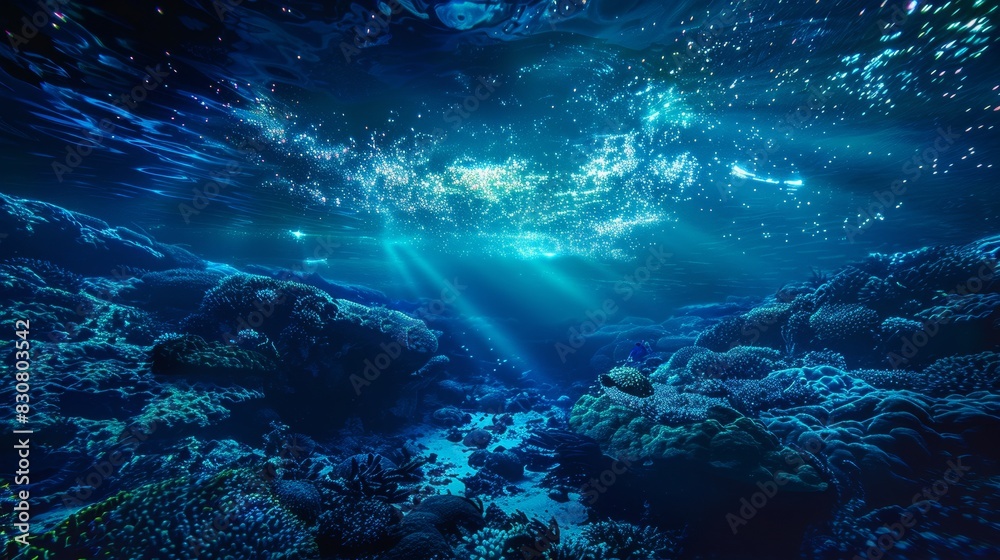 A beautiful underwater scene with a blue sky above