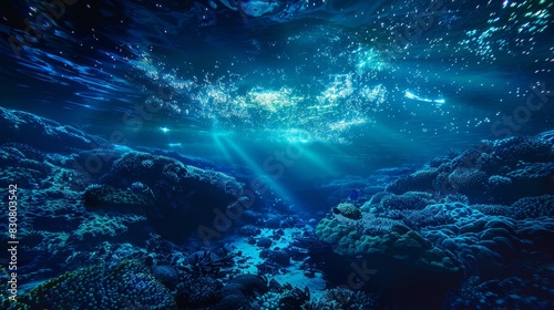 A beautiful underwater scene with a blue sky above