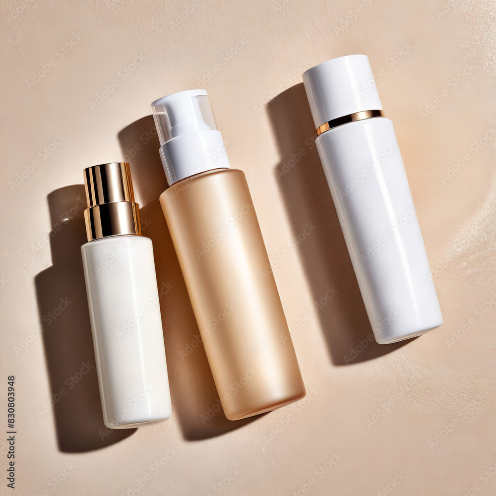 top view of skin care cosmetic products on beige background with harsh shadows. Beauty treatment. mockup bottles. AI Generative top view of skin care cosmetic products on beige background with harsh shadows. Beauty treatment. mockup bottles. AI Generative