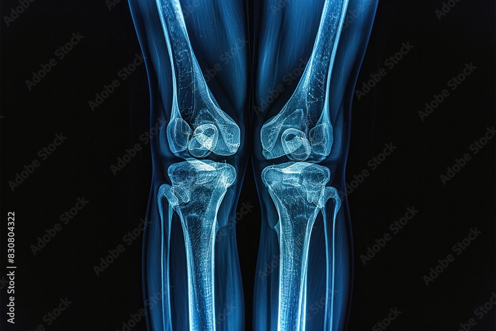 The image is a black and white x-ray of a person's knee The image is a black and white x-ray of a person's knee