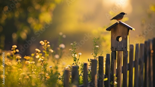 A bird is perched on a bird feeder photo