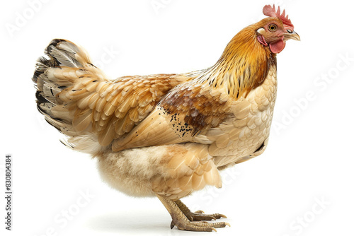 Full body of a chicken hen with fluffy feathers standing on an isolated white background 