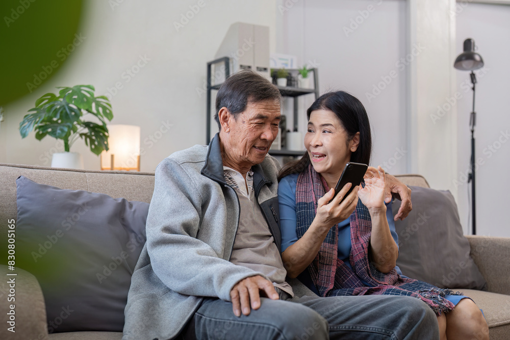Senior couple enjoying time at home with smartphone. Concept of technology, companionship, and relaxation Senior couple enjoying time at home with smartphone. Concept of technology, companionship, and relaxation