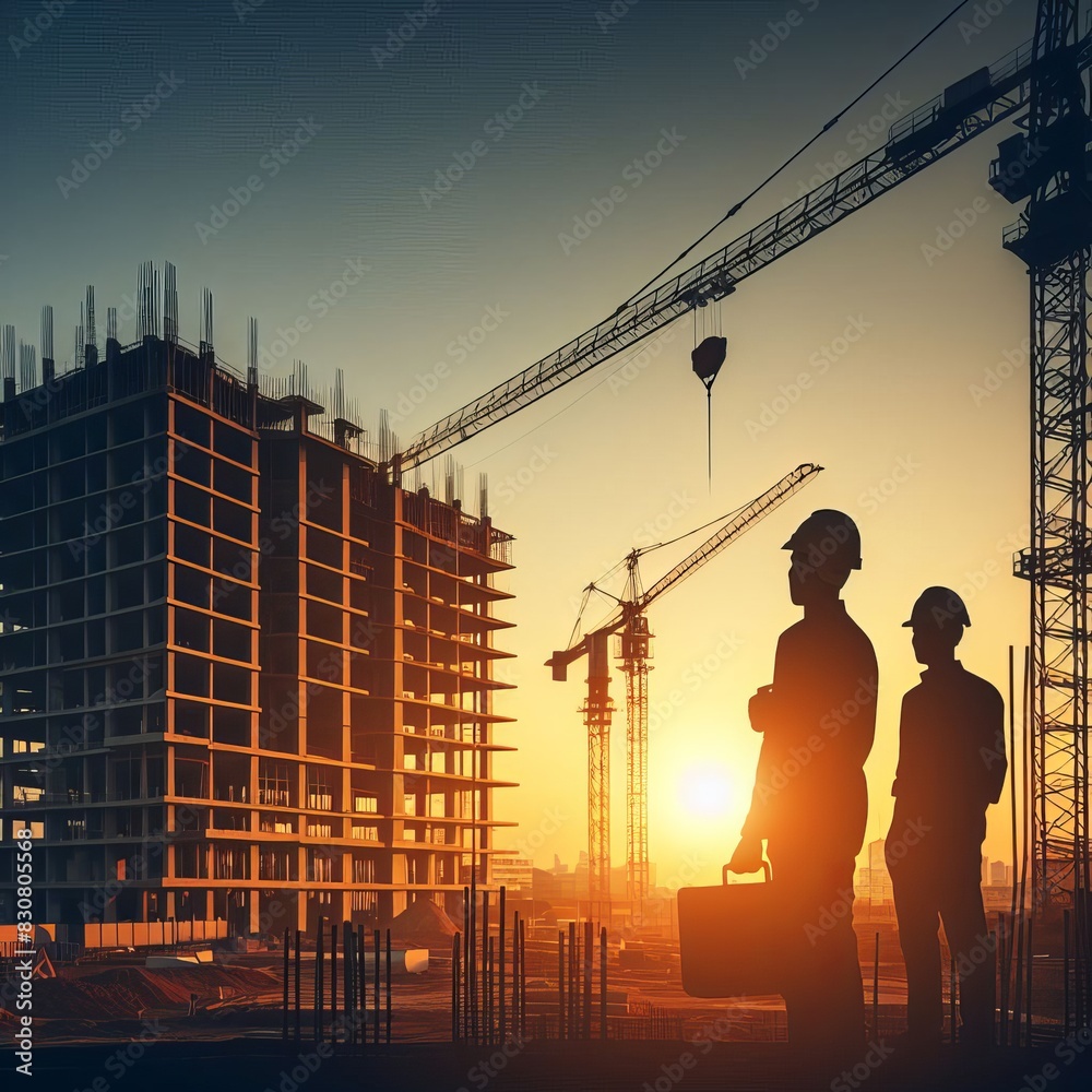 Silhouettes of two construction workers overlooking a building site at sunset, symbolizing development and teamwork.. AI Generation