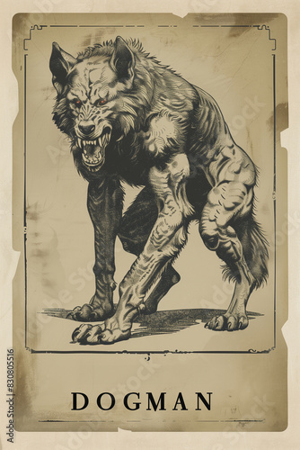 Werewolf cryptid poster card art. Michigan Dogman creature illustration. photo