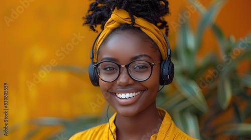 Call Center: Young Woman Smiling in 'Contact Us' with CRM, Headset and Mic, Mockup Space, Customer Service Consultant, Happy Telemarketing, Sales and Help Desk
 photo