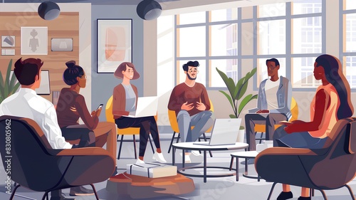 Business team working on new project and smiling. Man and women sitting together in modern office for project discussion.
