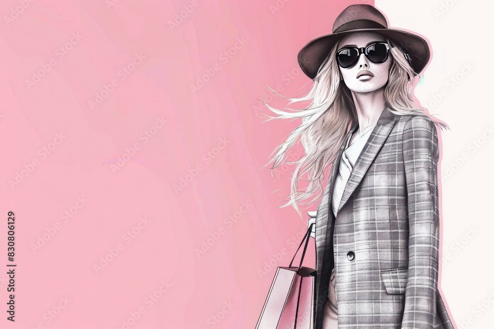 fashion illustration of an elegant woman in a l suit holding shopping bags, wearing black and white checkered gloves fashion illustration of an elegant woman in a l suit holding shopping bags, wearing black and white checkered gloves