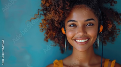 Call Center: Young Woman Smiling in 'Contact Us' with CRM, Headset and Mic, Mockup Space, Customer Service Consultant, Happy Telemarketing, Sales and Help Desk
 photo