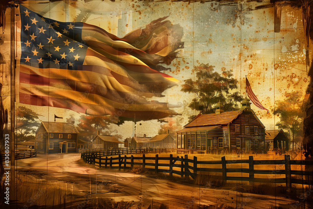 Naklejka premium Historical American Flag Illustration with Colonial Setting