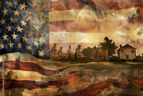 Historical American Flag Illustration with Colonial Setting