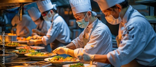 Food is prepared in a restaurant or hotel kitchen by chefs wearing protective masks and gloves.