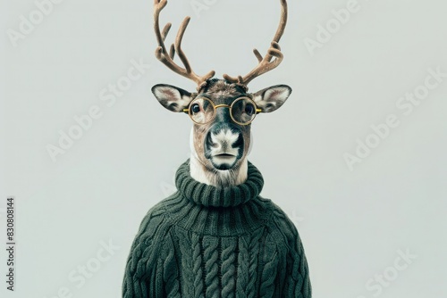 A reindeer in a dark green cable-knit hipster Winter sweater and round glasses, standing majestically on a solid white background. .