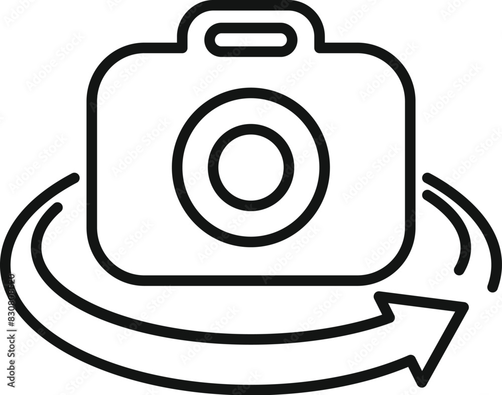 Outline vector icon of a camera with a rotating arrow, representing photo synchronization or transfer Outline vector icon of a camera with a rotating arrow, representing photo synchronization or transfer
