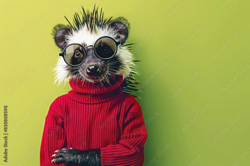 A skunk in a ruby red turtleneck vintage Winter sweater and retro round glasses, posing elegantly on a solid lime green background. .