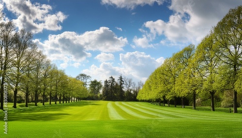 Beautiful blurred background image of spring nature with a neatly trimmed lawn surrounded