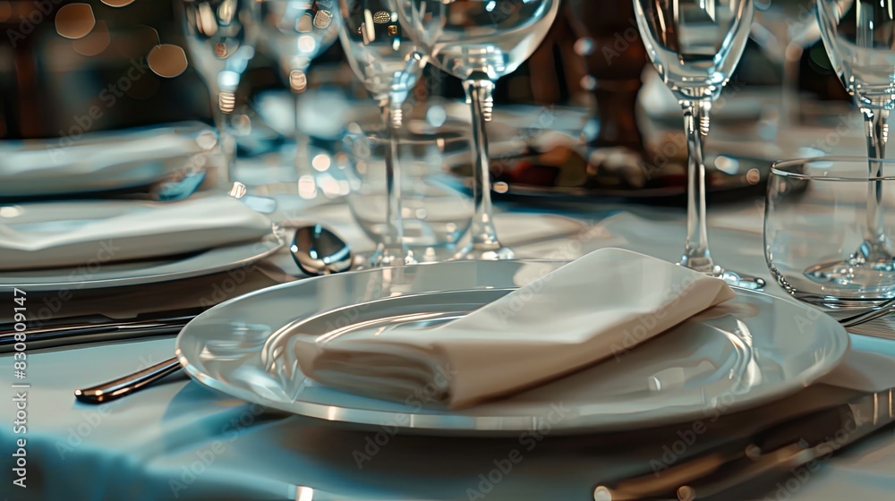 Beautifully organized event - round served table banquet ready for guests, round decorated table with empty plate, glasses, forks, napkin. Elegant dinner table Beautifully organized event - round served table banquet ready for guests, round decorated table with empty plate, glasses, forks, napkin. Elegant dinner table